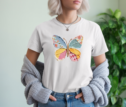 Patchwork Butterfly Tee – Whimsical Spring Appliqué Design