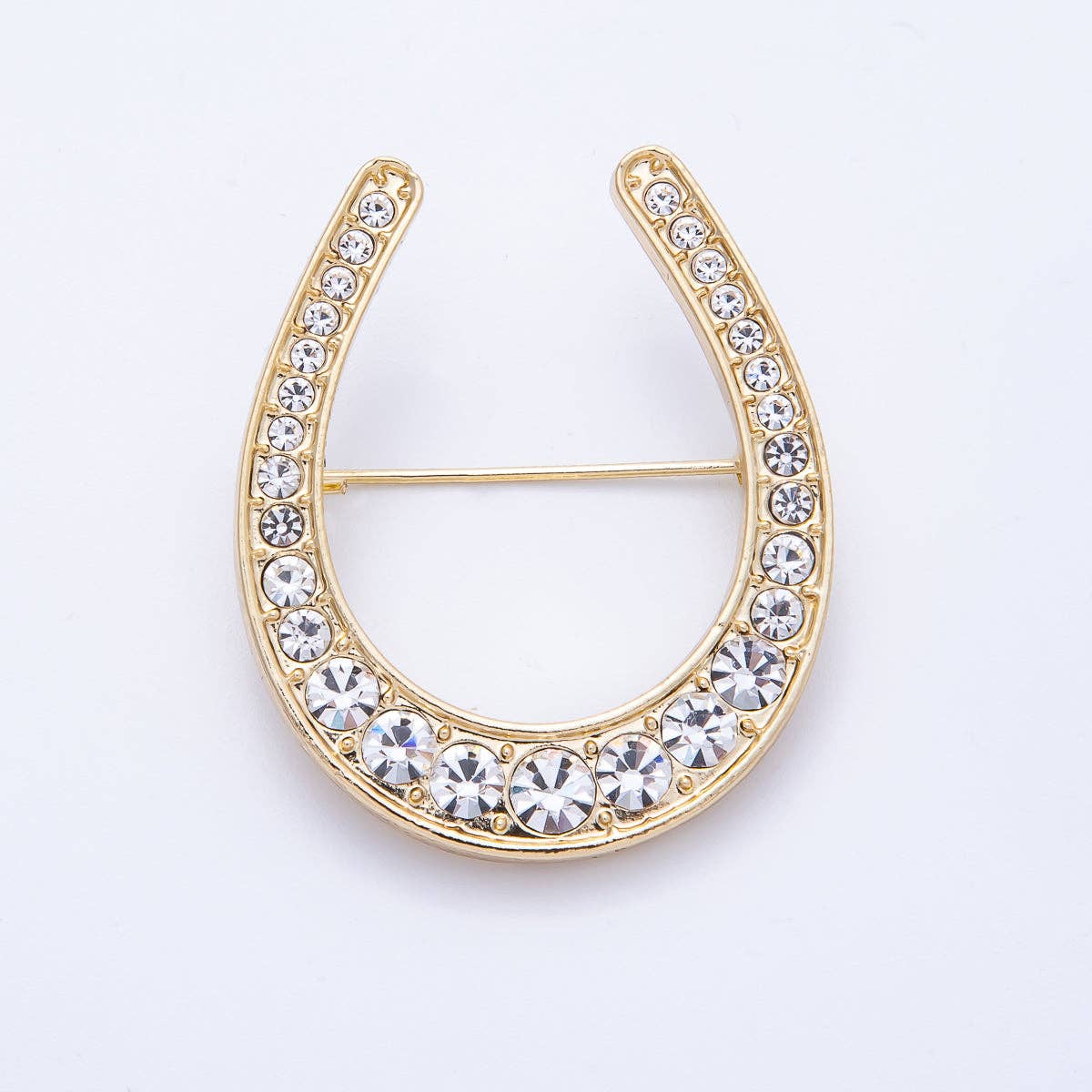 Gold 40.3mm x 33.7mm Clear Rhinestone Gradient Horseshoe Pin Brooch | BH-055